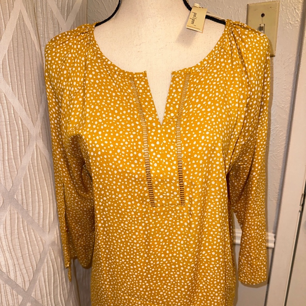 Women's brand Grand & Greene Roll Up 3/4 Sleeve Polka Dots V Neck Tunic Blouses
